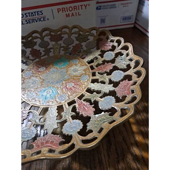 Vintage Handpainted Poppy Brass Pedestal Cake Plate Bowl Serving Piece Floral - Picture 4 of 6